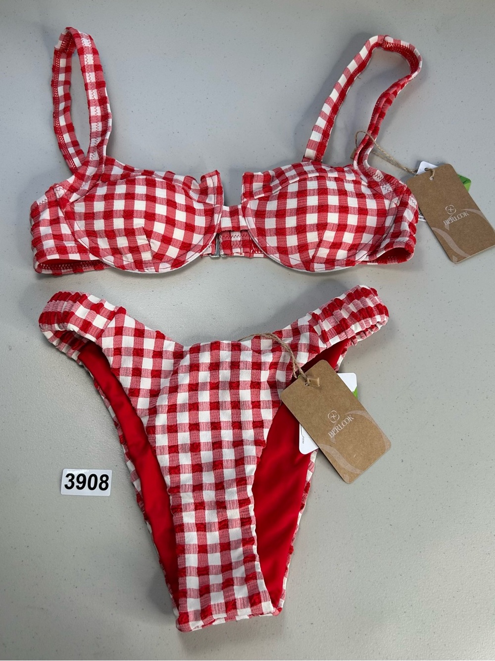 Berlook Bikini Set XS Red Gingham Underwire Bikini Top Ruched Bottom New